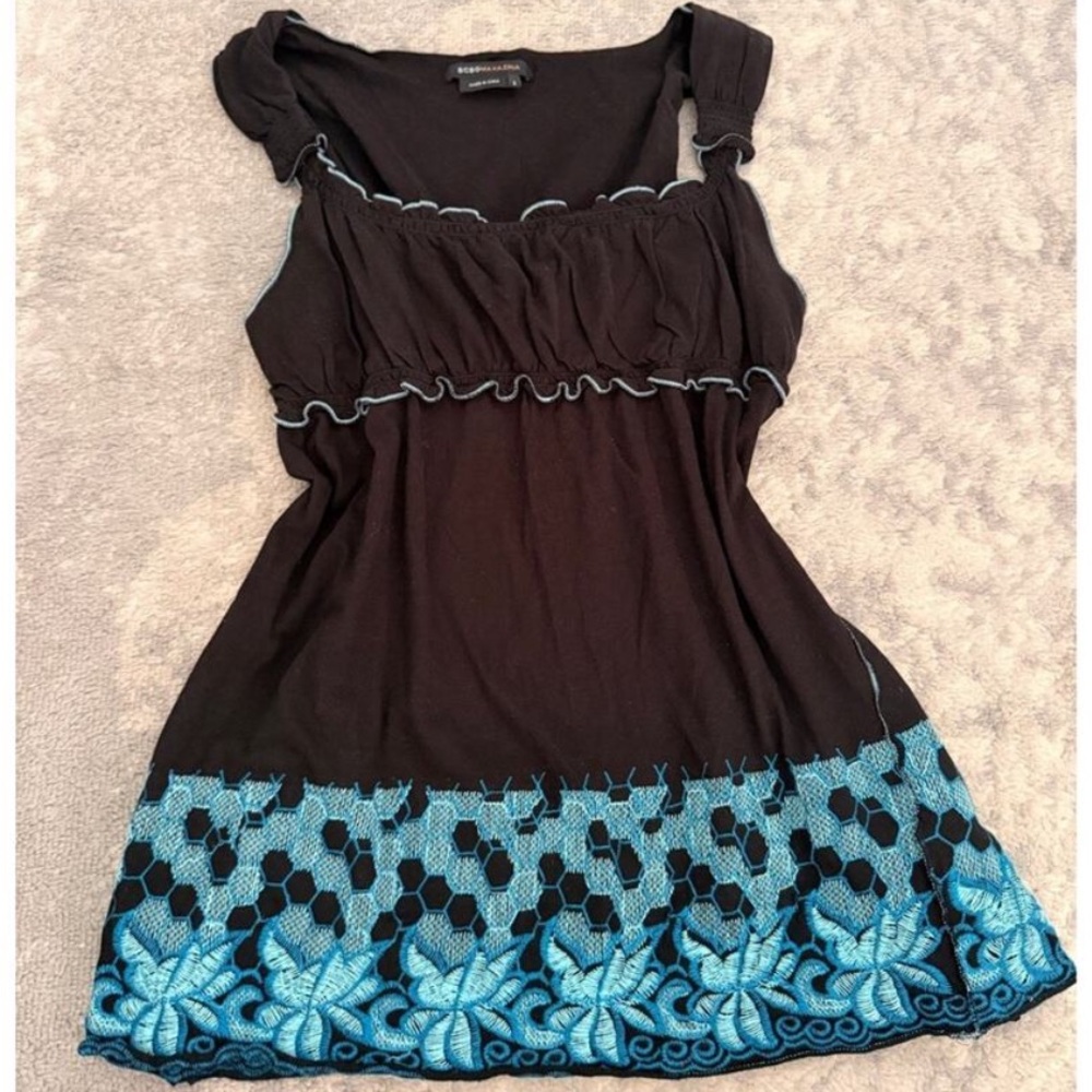 Vintage Y2K BCBG MaxAzria Babydoll Cami Coquette Top Black Turquoise Size L